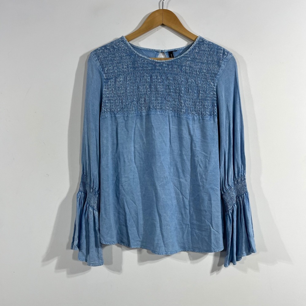 Womens Renfair Retro 70s Smocked Bell Sleeve Cottagecore Fairy Top Large Boho